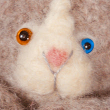 Load image into Gallery viewer, rabbit pincushion design with 2 colors of glass eyes on wire pins: dark-amber and blue,  marie mayhew