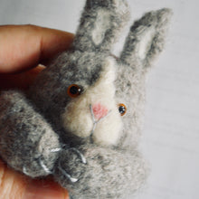 Load image into Gallery viewer, close up of rabbit's face, grey rabbit, rabbit pattern, knit and felt, marie mayhew deisng