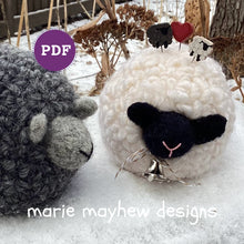 Load image into Gallery viewer, lamb pincushion, knit pattern, felted lamb, just another button company pins, marie mayhew designs