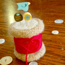 Load image into Gallery viewer, spool with red thread, just pins, marie mayhew