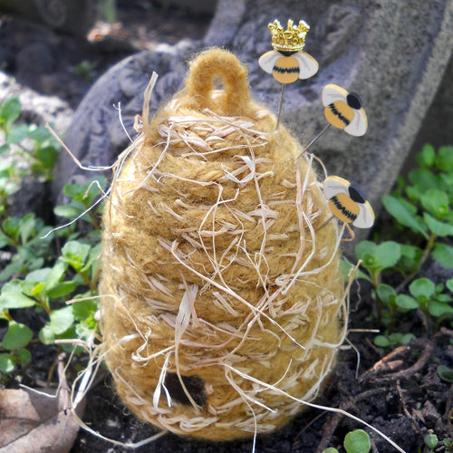 beehive pincushion, JABC bee pins, marie mayhew designs