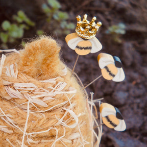 closeup of top with pins, queen bee, just another button company, marie mayhew designs