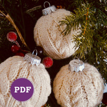 Load image into Gallery viewer, Knitted Christmas ornaments on a tree with a 'PDF' label.