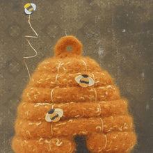 Load image into Gallery viewer, wool beehive skep knitting pattern with clay bee buttons and pins