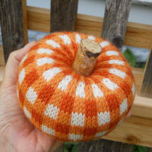 orange and white buffalo plaid knit pumpkin pattern, marie mayhew designs