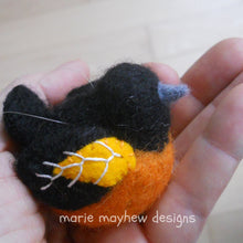 Load image into Gallery viewer, baltimore oriole, oriole bird ornament, holiday bird ornaments, hand knit birds, bird lover gift ideas, marie mayhew