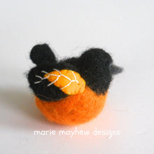 Load image into Gallery viewer, baltimore oriole, oriole bird ornament, holiday bird ornaments, hand knit birds, bird lover gift ideas, marie mayhew