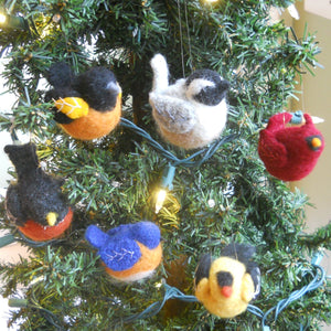 hand knit bird ornaments hanging in a tree, cardinal, oriole, robin, chickadee, blue bird, goldfinch, marie mayhew