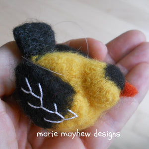 goldfinch ornament, hand knit bird ornament, wool goldfinch, marie mayhew, bird lover gift ideas