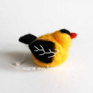 goldfinch ornament, hand knit bird ornament, wool goldfinch, marie mayhew, bird lover gift ideas
