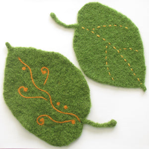 Marie Mayhew's felted woolly leaves pattern, elm leaf in two sizes with embellishig
