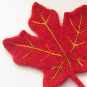 Felted maple leaf pattern with needle felt embellishing, marie mayhew designs