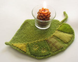felted elm leaf pattern turned into a candle mat trivet, marie mayhew deisngs