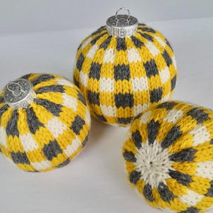 buffalo plaid holiday ornaments in yellow and grey and cream