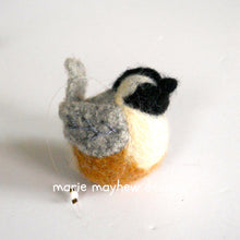 Load image into Gallery viewer, chickadee, holiday chickadee ornaments, hand made bird ornaments, hand knit and felted, bird lover gift ideas, marie mayhew
