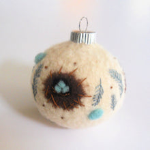 Load image into Gallery viewer, holly-dazzle ornament pincushion pattern with needle felted nest and eggs motif with traditional silver metal cap