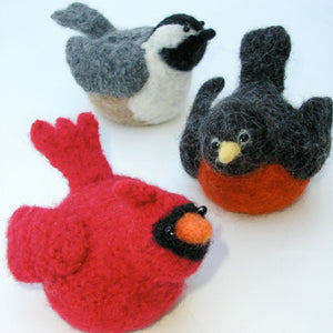 Marie Mayhew's Woolly Birds  pattern that includes three bird designs: cardinal, robin, chickadee