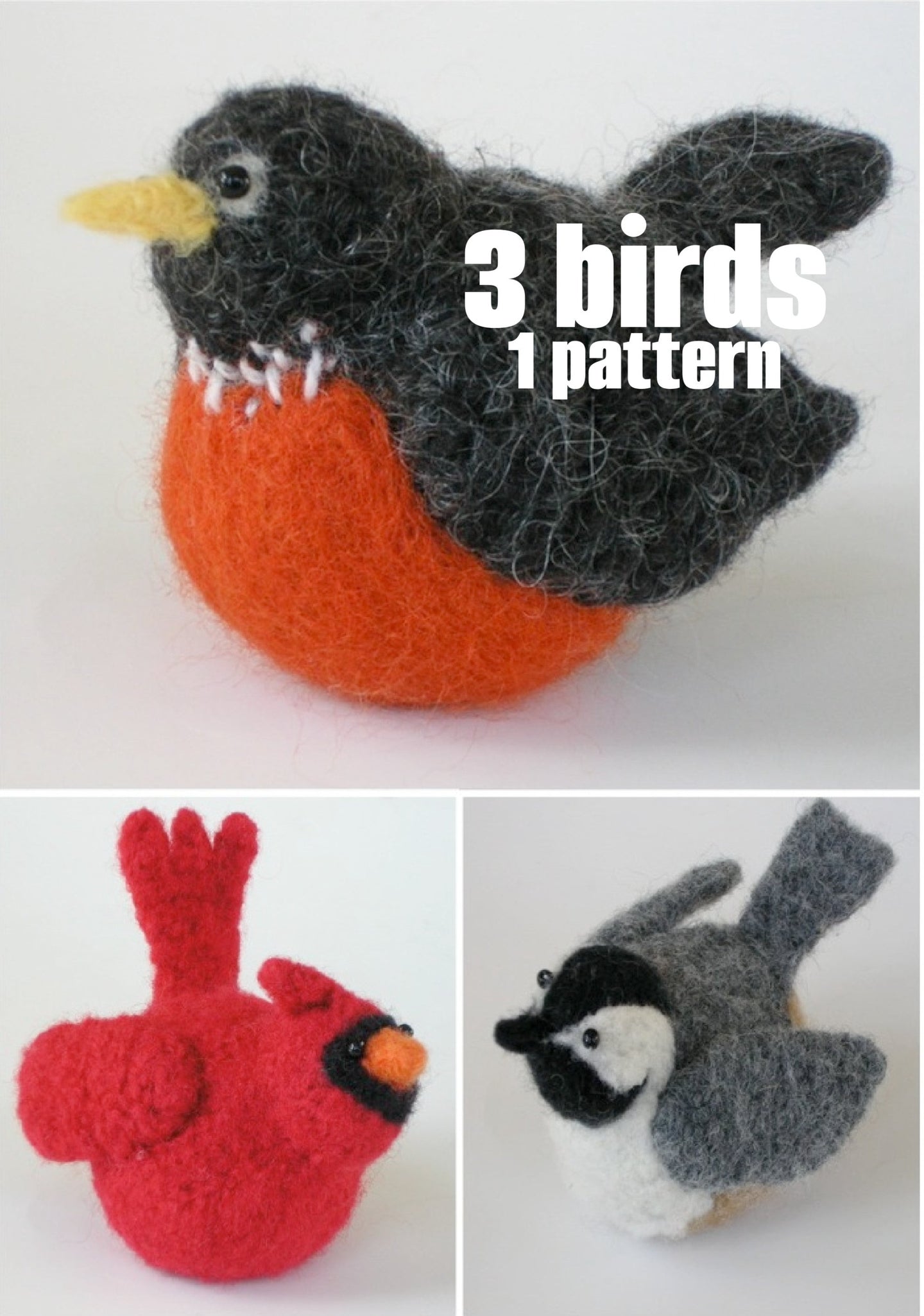 Marie Mayhew's woolly birds pattern, create a robin, cardinal or chickadee, felted bird pattern